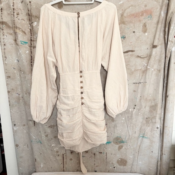 Free People Cream Gauzy Boho Peasant Ruched Buttoned Mini Dress - Picture 4 of 5